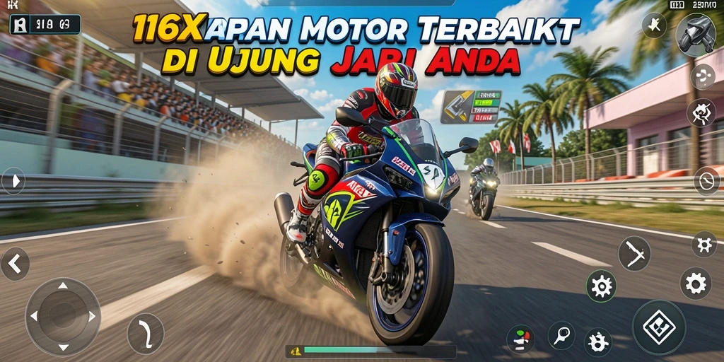 Screenshot gameplay motor balap yang mendebarkan dan menarik.