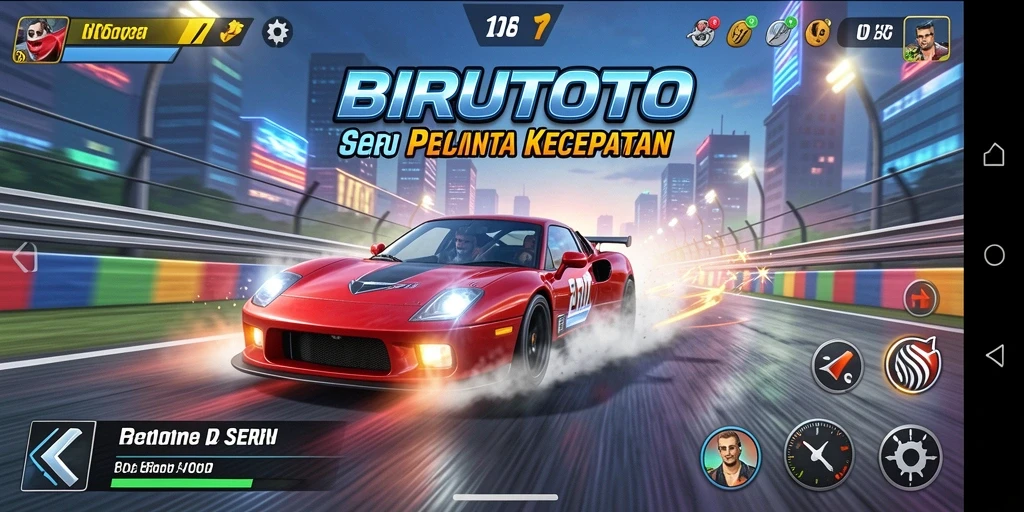 Tampilan gameplay menegangkan dalam BIRUTOTO saat balapan.