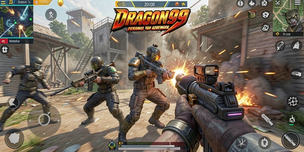 Screenshot gameplay <strong>DRAGON99</strong> menampilkan aksi pertempuran yang epik dalam TPS.