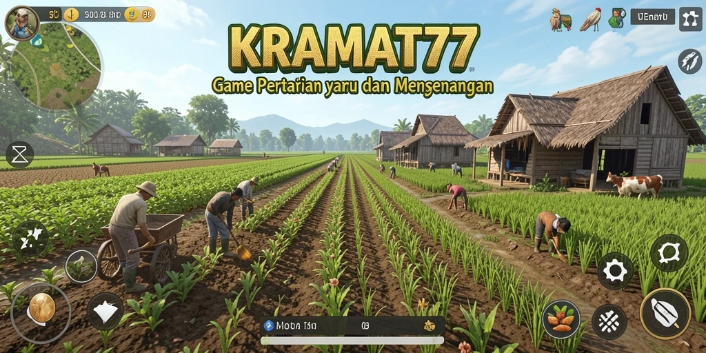 Screenshot KRAMAT77 menunjukkan aktivitas seru di ladang pertanian.
