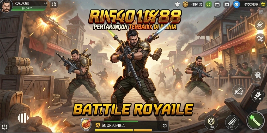 Screenshot gameplay ROKOK88 menampilkan aksi Battle Royale yang seru.
