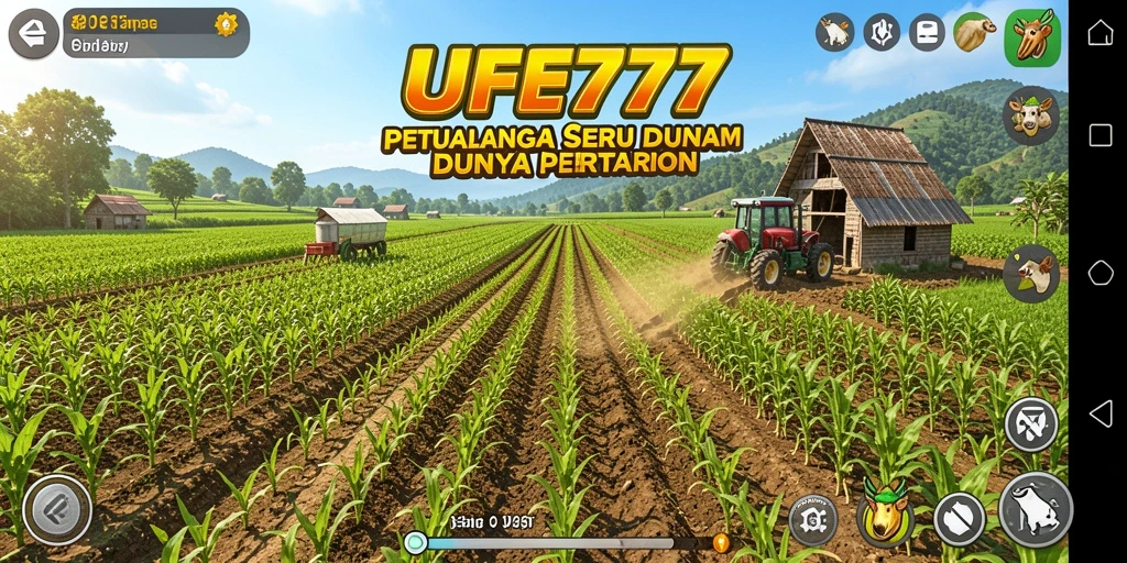 Screenshot gameplay UFO777 menampilkan ladang yang subur dan aktivitas bertani.